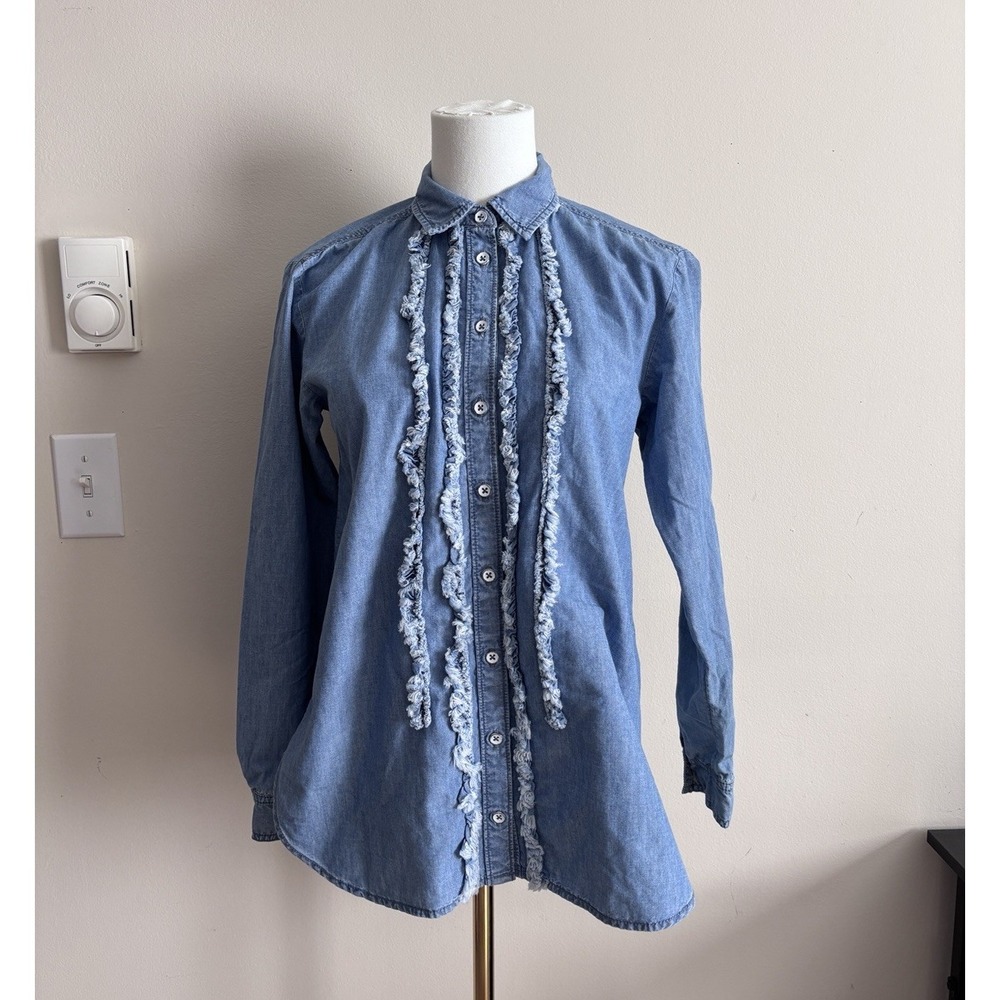 Anthropologie Pilcro Juni Ruffle Button Down Shirt Chambray Denim Size‎ XXS XS